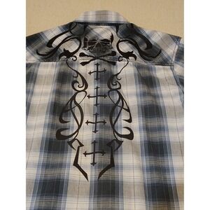 Y2K Modern Culture Mens Small Blue Plaid Button Down Shirt Skull Crosses Back 17